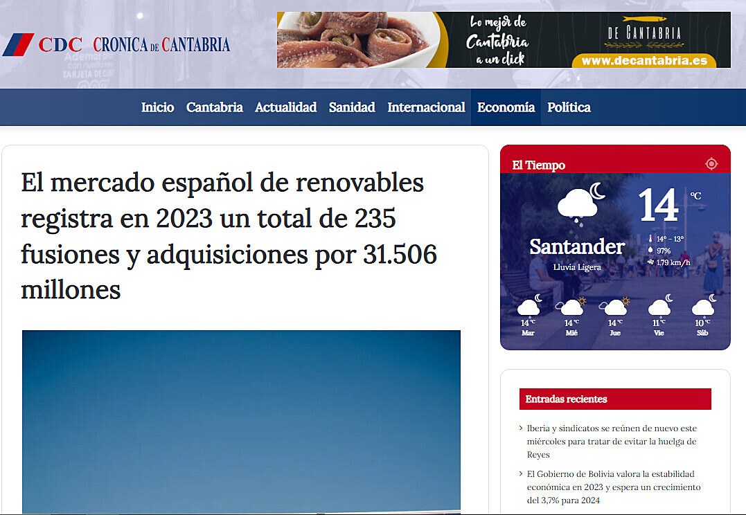 El mercado espaol de renovables registra en 2023 un total de 235 fusiones y adquisiciones por 31.506 millones